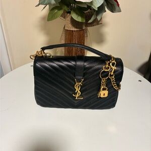 Saint Laurent Black Quilted Leather Satchel with Gold Hardware and Lock Charm